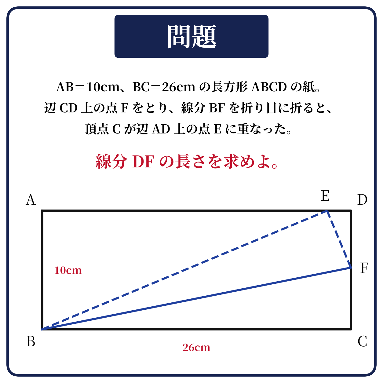 AB=10cm,BC=26cmの長方形ABCDを線分BFで折り頂点Cが辺AD上の点Eに重なるとき線分DFの長さを求める問題の図